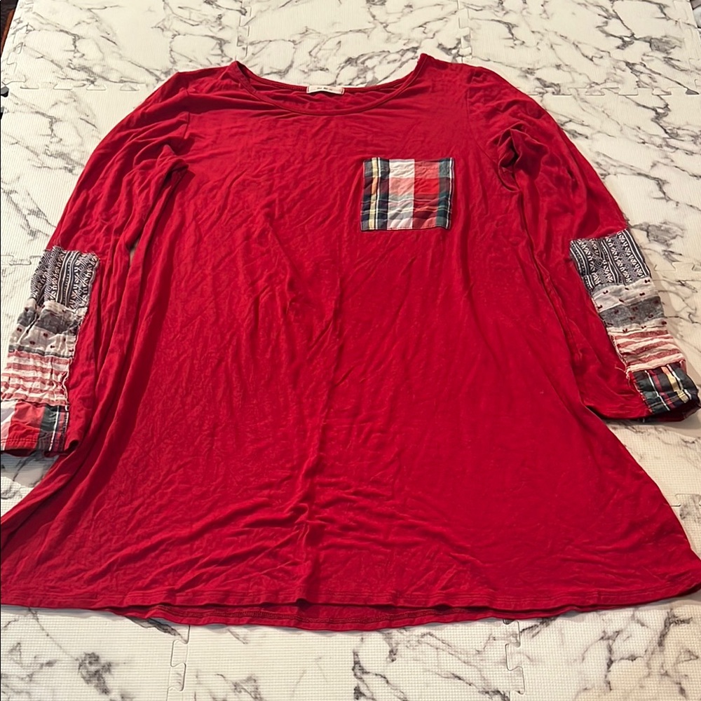 Red Women's Tunic with Plaid patch Accents
